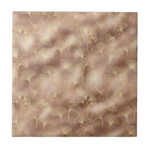 Pink Ginkgo Leaf with Luxe Gold Accents Ceramic Tile