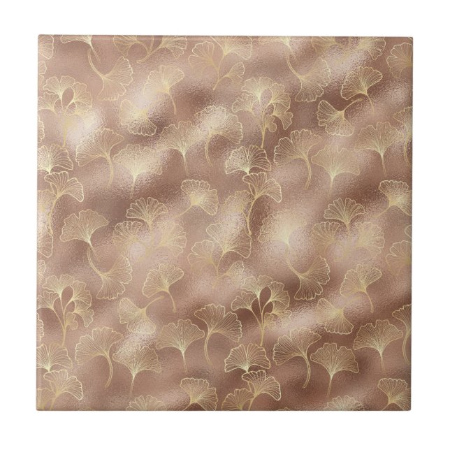 Pink Ginkgo Leaf with Luxe Gold Accents Ceramic Tile (Front)