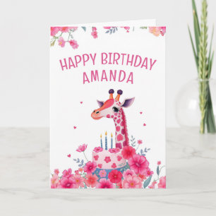 Pink Giraffe and Floral Cake Birthday Card