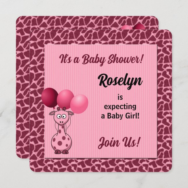 Pink Giraffe Animal Print Baby Shower Invitation (Front/Back)