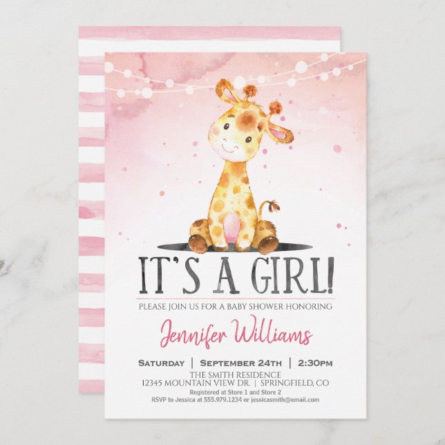 Pink Giraffe Baby Shower Girl Invitation (Front/Back)
