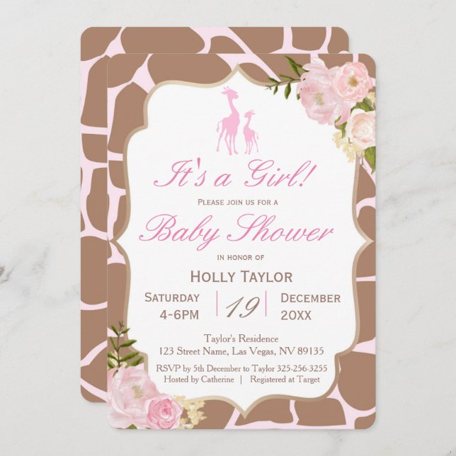 Pink Giraffe Baby Shower Invitation (Front/Back)