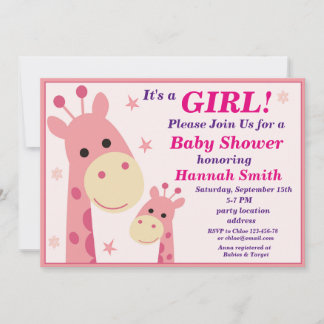 Pink giraffe baby shower invitation