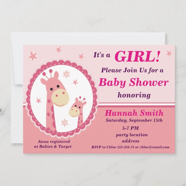 Pink giraffe baby shower invitation (Front)