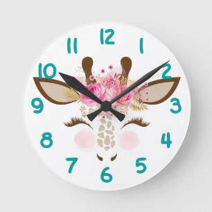 Pink Giraffe Face Number Kids Round Clock