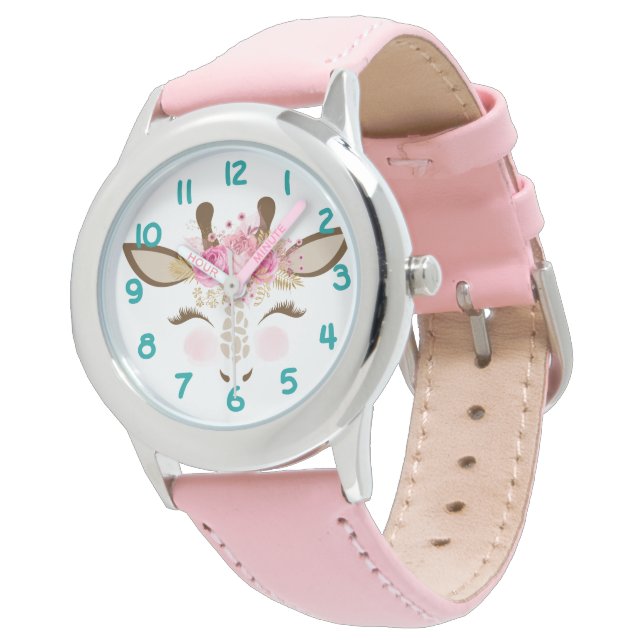 Pink Giraffe Face Number Kids Watch (Angled)