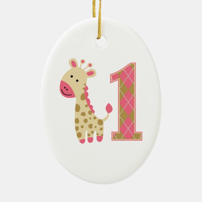 Pink Giraffe First Birthday Ceramic Ornament (Back)