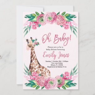 Pink Giraffe Floral Baby Shower Invitation