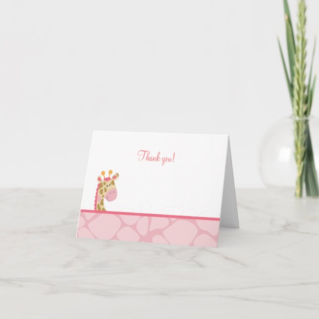 Pink Giraffe Folded Thank you Note Card (Front)