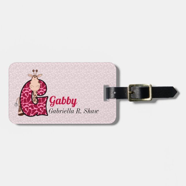 Pink Giraffe for Girls Letter G Animal Print Luggage Tag (Front Horizontal)