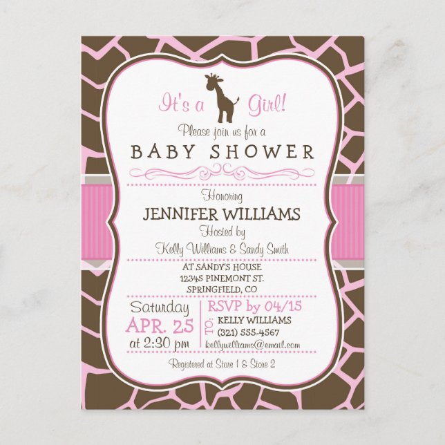 Pink Giraffe Girl Baby Shower Postcard Invitation (Front)