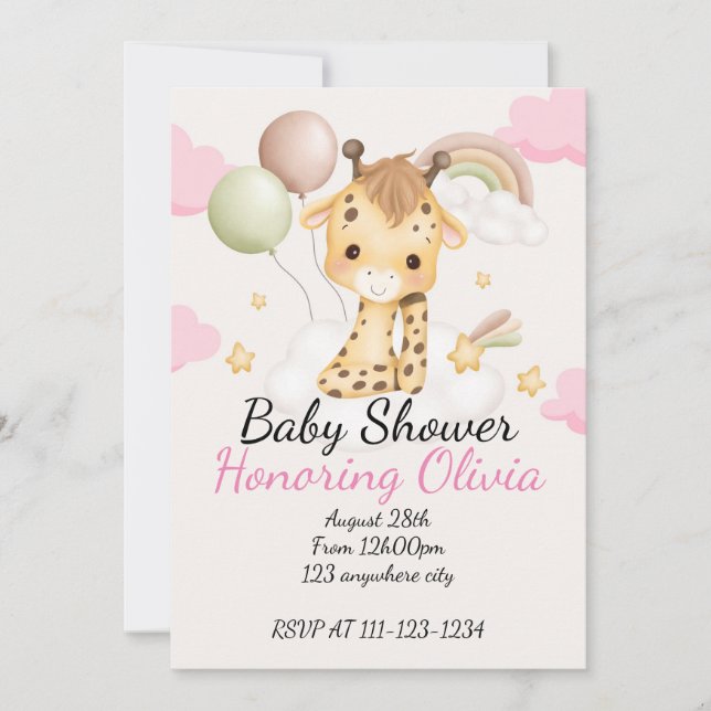 Pink Giraffe girl baby shower  Save The Date (Front)