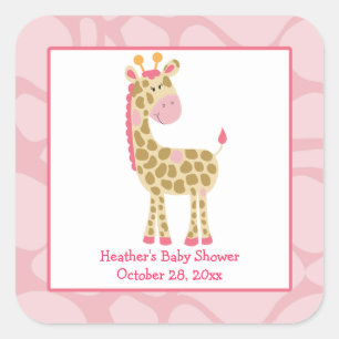 Pink Giraffe Girl Safari Square Favour Stickers