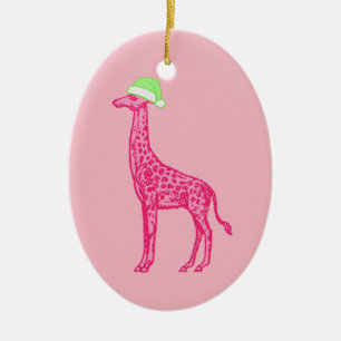 Pink Giraffe in a Green Santa Hat Ceramic Ornament
