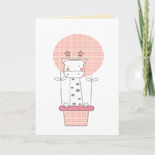 Pink Giraffe in Hot Air Balloon Girl 1st Birthday Card
