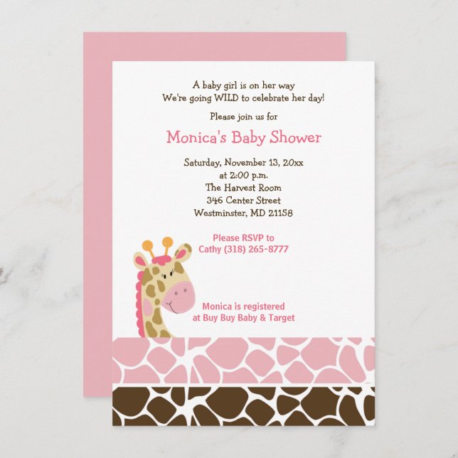 Pink Giraffe Jungle Safari Baby Shower Invitation (Front/Back)