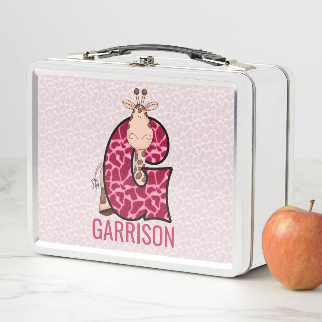Pink Giraffe Letter G Animal Print Metal Lunch Box (In Situ)
