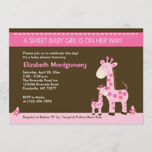Pink Giraffe Mummy and Baby Girl Shower Invitation