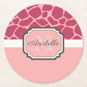 Pink Giraffe Pattern Round Paper Coaster