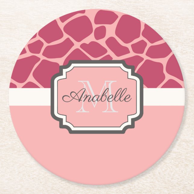 Pink Giraffe Pattern Round Paper Coaster (Front)
