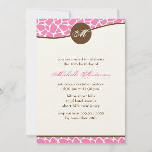 Pink Giraffe Print Birthday Invitation