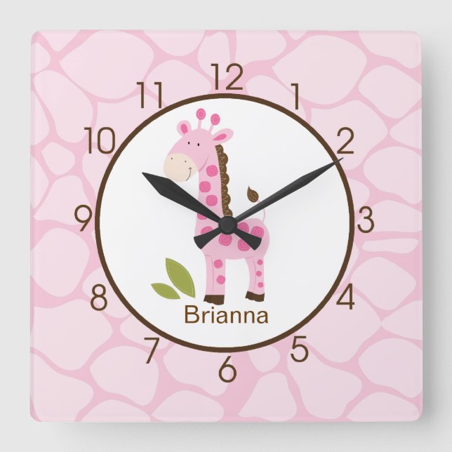 Pink Giraffe Print Personalised Nursery Clock (Front)