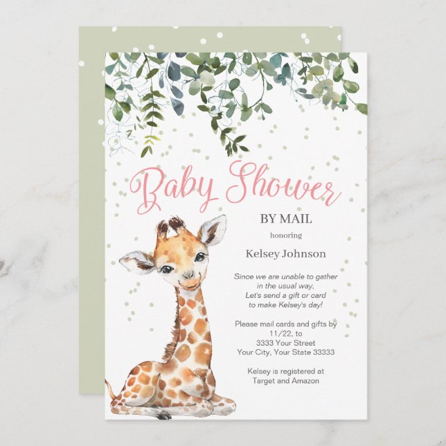 Pink Giraffe Safari By Mail Baby Shower Invitation (Front/Back)