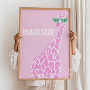 Pink Giraffe Sunglasses Custom Name Wall Art
