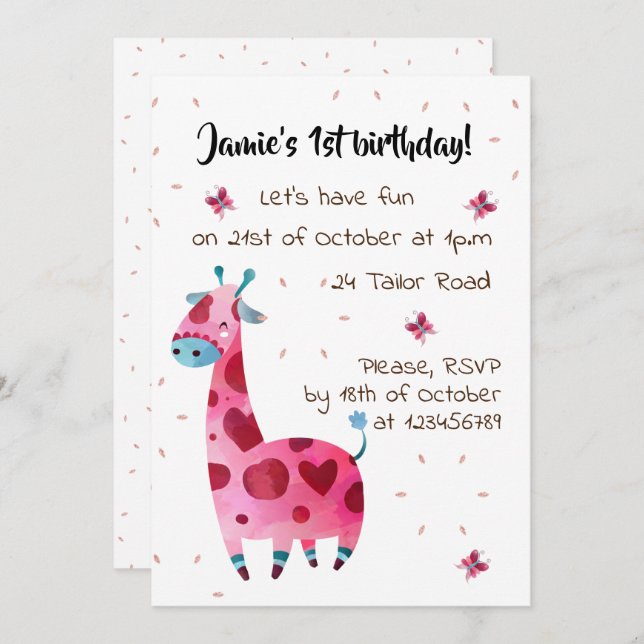 Pink giraffe themed birthday party invitation (Front/Back)
