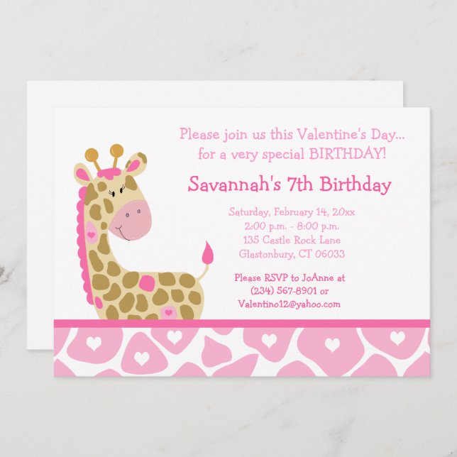 Pink Giraffe Valentines Day Birthday Invitation (Front/Back)