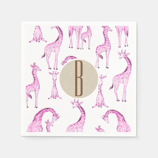 Pink Giraffes Baby Shower Monogram Letter Initial Napkin (Front)