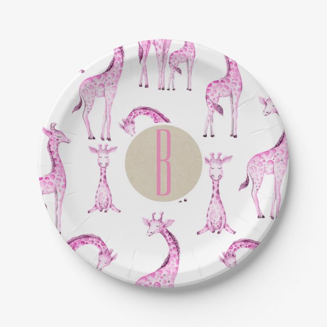 Pink Giraffes Baby Shower Monogram Letter Initial Paper Plate (Front)