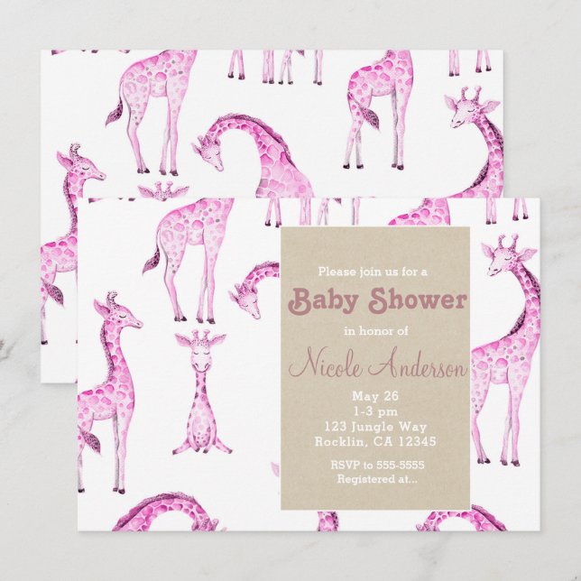 Pink Giraffes & Kraft Safari Whimsical Baby Shower Invitation (Front/Back)