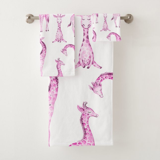 Pink Giraffes Whimsical Girls Baby Shower Kids Bath Towel Set (Insitu)