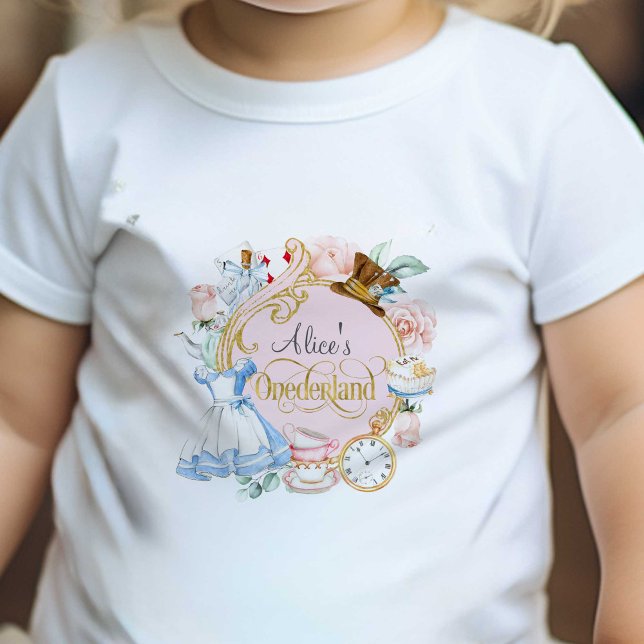 Pink, Girl 1st birthday, Alice Onederland Baby T-Shirt (Pink Onderland, Girl 1st birthday, Alice Onederland birthday t-shirt.)