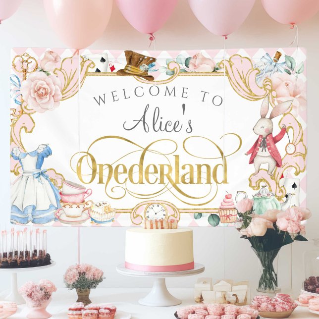 Pink Girl 1st Birthday, Alice Onederland Themed Banner (Girl 1st birthday, Alice in Onederland. Mad Hatter, Tea Party, birthday invites.)