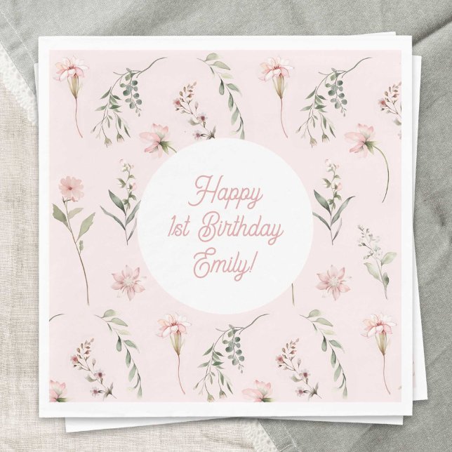 Pink Girl 1st Birthday Wildflower and Greenery Napkin (Watercolor Wildflower, Pink baby Girl 1st BIrthday paper napkins.)