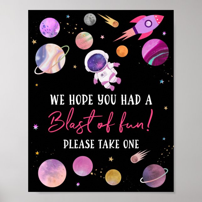 Pink Girl Astronaut Blast of Fun Birthday Favour Poster (Front)