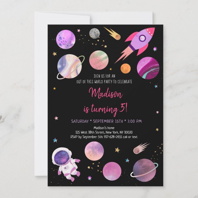 Pink Girl Astronaut Outer Space Birthday Invitation (Front)