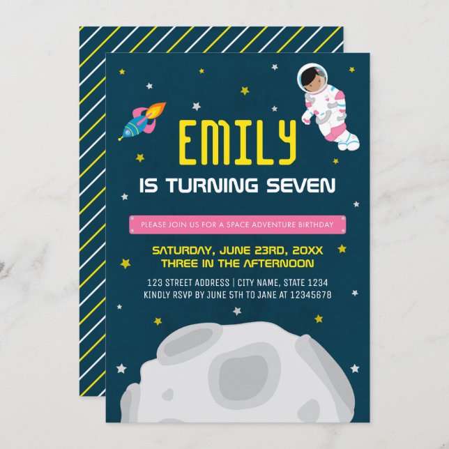 Pink Girl Astronaut Space Birthday Invitation (Front/Back)