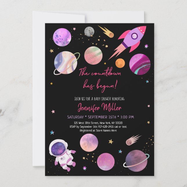 Pink Girl Astronaut Space Countdown Baby Shower Invitation (Front)