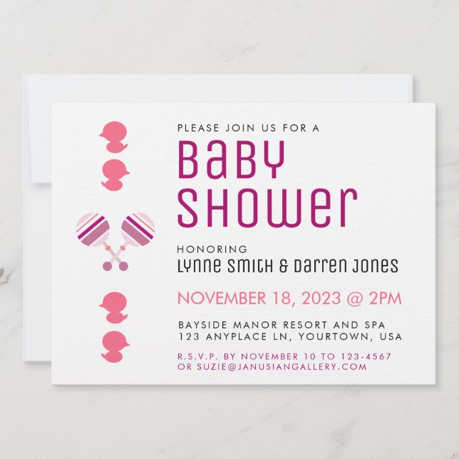Pink Girl Baby Rattles Baby Shower Invitation (Front)