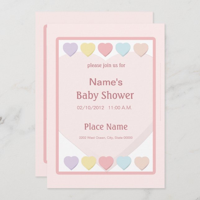 Pink Girl Baby Shower Pastel Hearts Invitation (Front/Back)