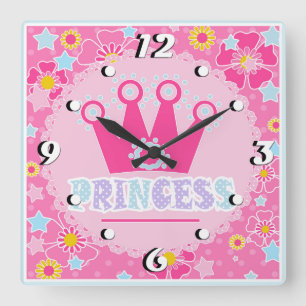 Pink girl baby shower princess crown floral cartoo square wall clock