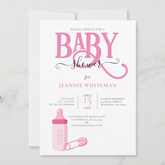 PINK GIRL BABY SHOWER WITH BABY BOTTLE INVITATION (Front)