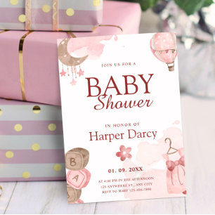 Pink Girl Baby Shower with Moon & Hot Air Balloon Invitation