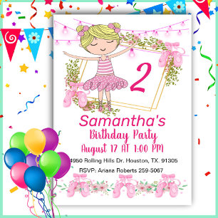 Pink Girl Ballerina Birthday  Invitation