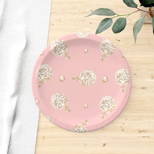 Pink Girl Balloons We Can Bearly Wait Baby Shower Paper Plate (Creator Uploaded)
