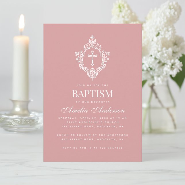 Pink Girl Baptism Cross & Crest Elegant Dusty Rose Invitation (Creator Uploaded)