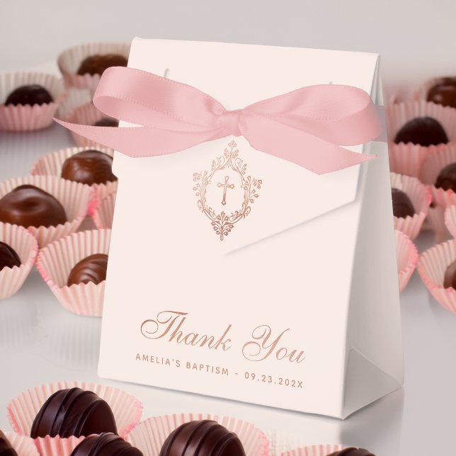Pink Girl Baptism Cross Crest Rose Gold Thank You Favour Box (Creator Uploaded)